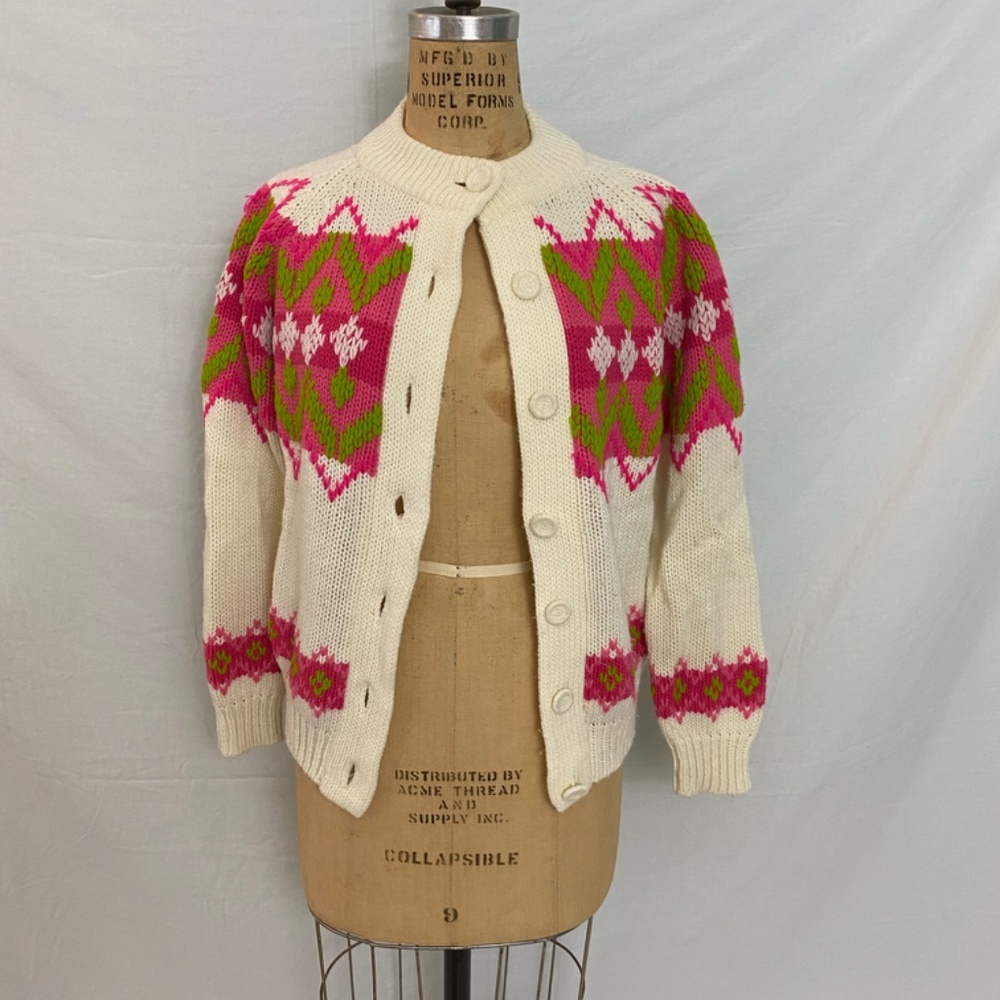 Vintage Cream cardigan sweater with bright pink and green pattern. Size Small.